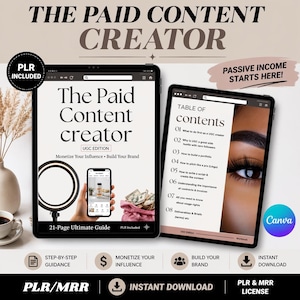 Könnte beinhalten: Zwei Tablets zeigen den Text "The Paid Content Creator" und "Inhaltsverzeichnis". Ein Tablet zeigt eine Hand, die ein Telefon mit einem Produktbild hält. Das andere Tablet zeigt eine Nahaufnahme eines Auges. Das Bild enthält den Text "Passive Income Starts Here!"