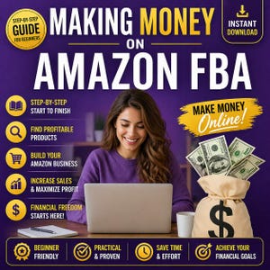 Puede incluir: Imagen promocional para ganar dinero online con "Making Money on Amazon FBA". Una mujer trabaja en un portátil, con una bolsa de dinero y efectivo. La imagen destaca objetivos financieros y ganar dinero online.
