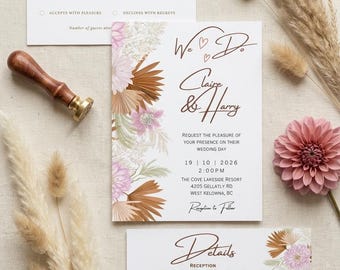 Boho Floral Wedding Invitation Suite | Pastel Pink Flowers | Elegant Desert Chic Stationery | Minimalist Wedding Invite, RSVP & Details Card
