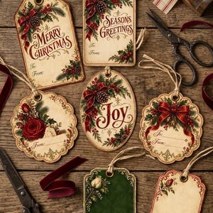 Op de afbeelding: Een verzameling van zeven decoratieve cadeaulabels met vintage-stijl illustraties van dennentakken, rode bessen, dennenappels en rode linten. De labels bevatten teksten zoals Merry Christmas, Seasons Greetings en Joy, met lijnen voor To en From.