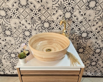 Lavabo de cerámica hecho a mano, lavabo marroquí sobre encimera, lavabo de cerámica pintado a mano, lavabo de baño marrón beige, lavabo rústico artesanal.