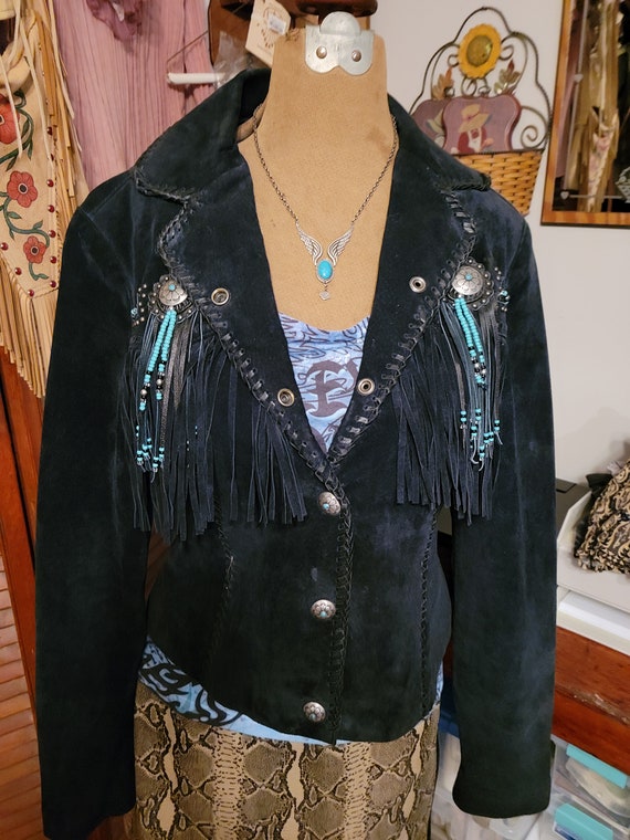 Vintage SCULLYS BLACK Fringe suede beaded fringe l