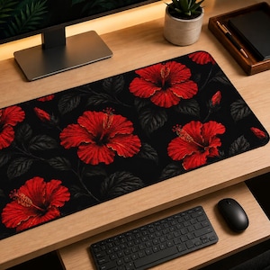 Tappetino da scrivania con motivo floreale di ibisco rosso, tappetino per tastiera con stampa botanica scura, tappetino per mouse con stampa tropicale, tappetino per computer moderno e minimalista, tappetino da scrivania con stampa hawaiana