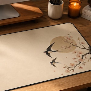 Vintage Japanese Moon Desk Mat, Minimalist Cherry Blossom and Swallow Floral Mouse Pad - Japandi Aesthetic Office Keyboard Mat, Office Decor