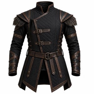 Puede incluir: Una chaqueta negra acolchada con ribetes de piel sintética marrón, hombreras con piel sintética oscura, dos correas con hebilla en la parte delantera, un cinturón con hebilla circular y detalles de cordones cruzados en mangas y costados.