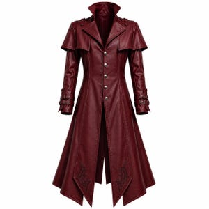 May include: A dark red long coat featuring a high collar, a button-front closure, and a shoulder capelet. The sleeves include adjustable buckled straps at the cuffs, and the lower front panels display intricate black embroidery near the hem.
