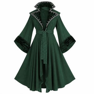 Smaragdgrön fantasimantel med broderad krage medeltida alvklänning rock trollkarl häxa klänning renässans mässa cosplay, lajvkostym