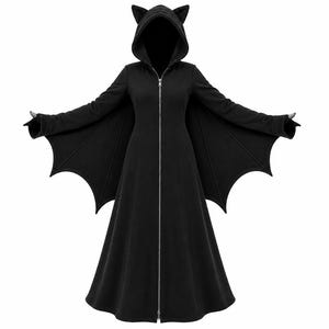 Gotisk fladdermusvingekappa, svart lång kappa med huva, kattöronjacka, fantasymantel, ytterkläder med mörk akademiska motiv, Halloweenkostym.