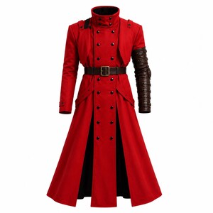 May include: A long, bright red double-breasted coat featuring a high collar, black buttons, and a dark brown leather belt with a metal buckle. The left sleeve is adorned with a dark brown, multi-strapped leather arm guard reaching the elbow.