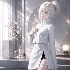 Puede incluir: Una persona con un top corto blanco de manga larga con cremallera y una falda a juego con una abertura alta. La persona tiene el pelo claro recogido en un moño. El fondo incluye una ventana, un círculo decorativo y un jarrón con flores blancas.