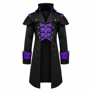 May include: A black long coat featuring a vibrant purple central panel, high collar, and shoulder epaulets. The garment includes silver-toned buttons arranged in three horizontal rows across the chest and matching purple cuffs on the sleeves.