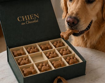 Caja de regalo de golosinas para perros Chien au Chocolat / Golosinas para mascotas de algarroba de inspiración francesa
