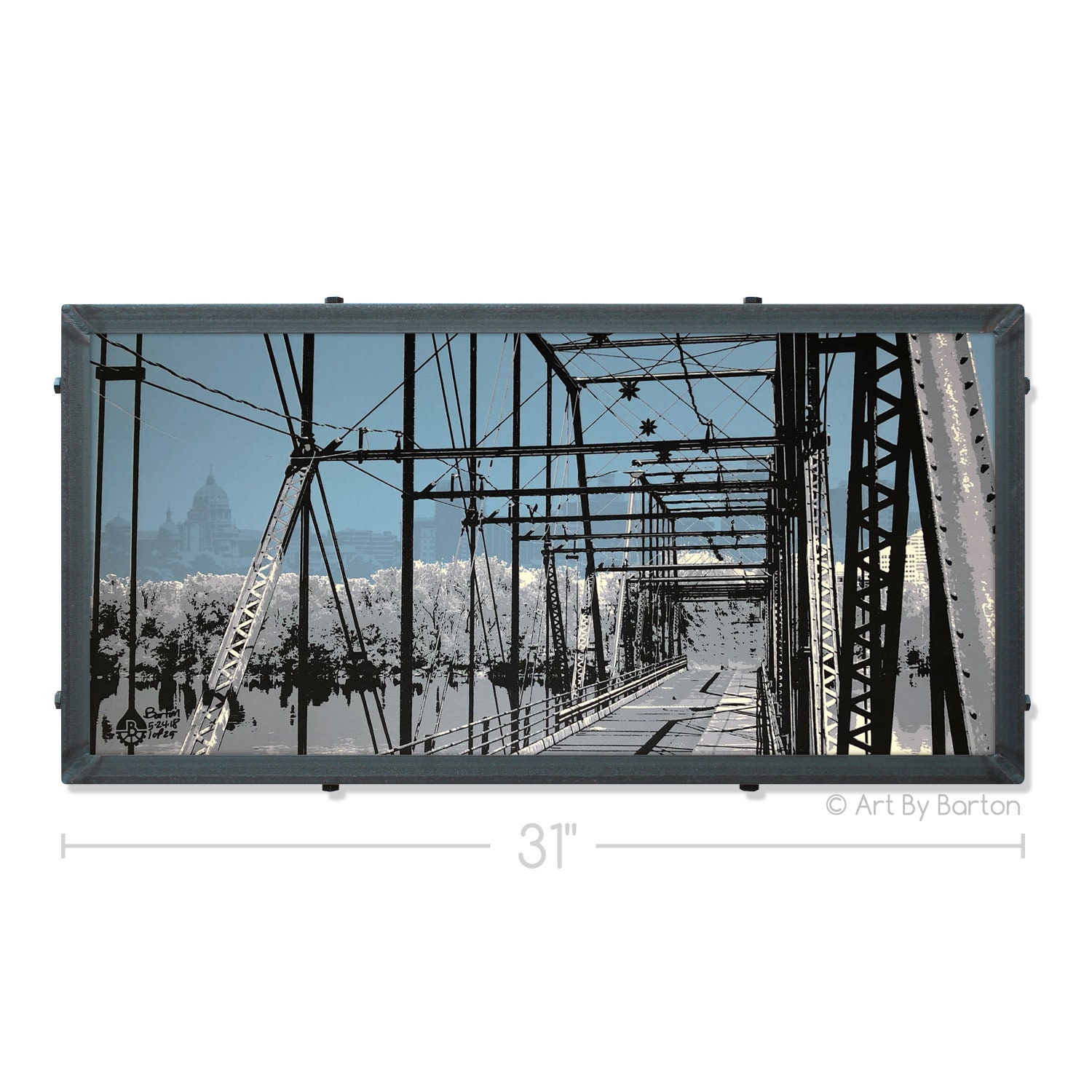 Walnut Street Bridge, Harrisburg, Pennsylvania 15x30 - Framed Silkscreen Original Art Print with Custom Industrial Frame