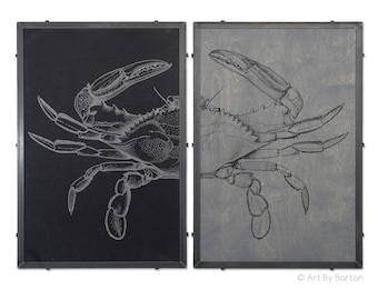 May include: Two framed black and white illustrations of a crab, one on a black background and the other on a gray background. The artwork is signed "Art By Barton".