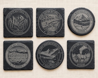 National Park Custom Coasters Set | Laser Engraved Slate Coasters | Cabin Decor | Housewarming & Fathers Day Gift