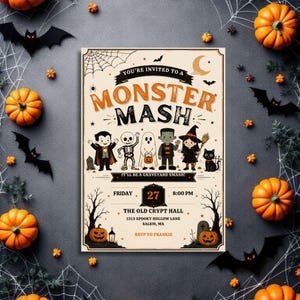 以下が含まれることがあります： 「YOU'RE INVITED TO A MONSTER MASH」および「IT'LL BE A GRAVEYARD SMASH!」という文字が書かれた長方形のハロウィーンパーティー招待状。吸血鬼、骸骨、幽霊、フランケンシュタイン、魔女、黒猫のイラストが描かれています。