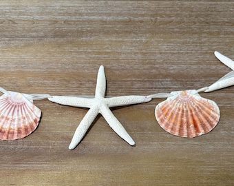 Guirlanda vintage de conchas de vieira e estrelas-do-mar, 90 cm, decoração suspensa, estilo costeiro.