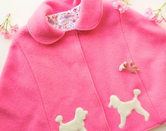 Retro wool cape for girls in pink with poodles