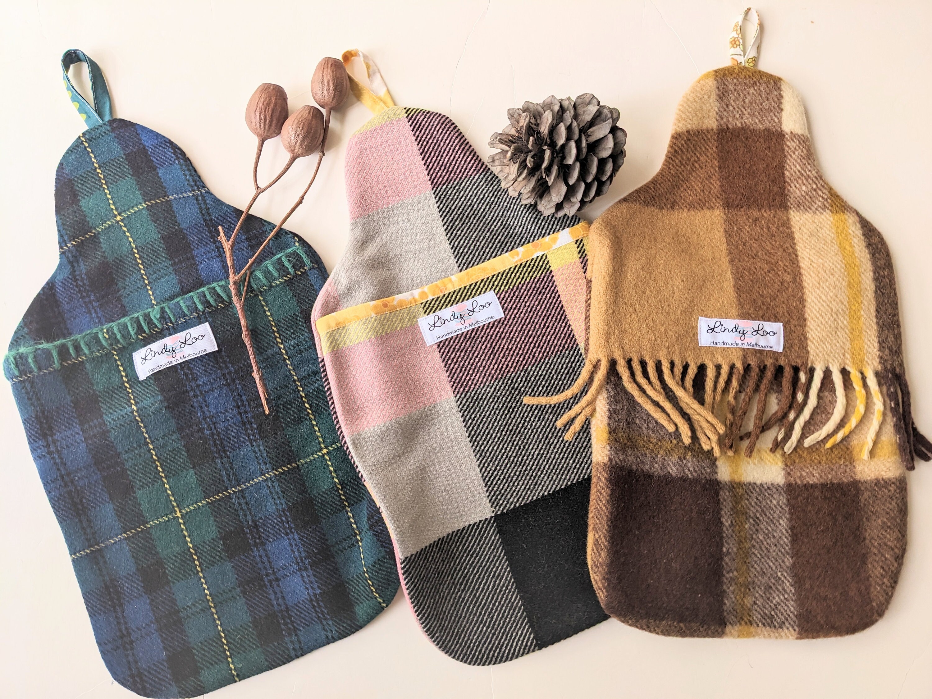 Limited Edition upcycled wool plaid hottie covers