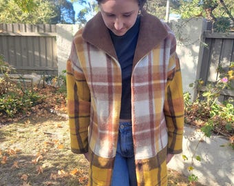 Upcycled Wool Blanket Coat in rich earth tones: Corduroy Lapels, Blanket Stitch Detail and colour options