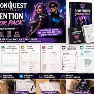 Könnte beinhalten: Werbebild für das "Convention Creator Pack" mit lila und schwarzem Design. Das Paket enthält Tools wie einen Cosplay-Budgetplaner, einen Meetup-Tracker und eine Kostüm-Checkliste. Der Text lautet "Das ultimative Bundle für Comic Cons, Ren Fairs, Anime Cons & More!"