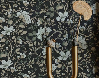 Camellia Study Wallpaper in Coal Cream Olive, Black Botanical Peel and Stick Wallpaper, Vintage Floral Vine Wall Panels, Hand-Painted Design