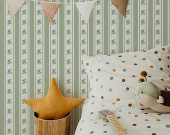 Glasshouse Stripe Wallpaper in Olive Feather, Sage Green Stripe Peel and Stick Wallpaper, Victorian Stripe Wall Panels, Hand-Painted Design