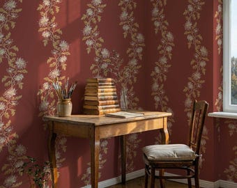 Chrysanthemum Trail Wallpaper in Lacquer, Red Botanical Peel and Stick Wallpaper, Climbing Floral Wall Panels, Hand-Painted Design