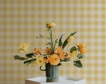 Garden Window Wallpaper in Honey Clay, Yellow Plaid Peel and Stick Wallpaper, Farmhouse Check Wall Panels, Hand-Painted Design