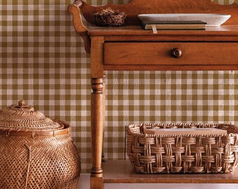 Garden Window Wallpaper in Dusty Sienna, Brown Plaid Peel and Stick Wallpaper, Farmhouse Check Wall Panels, Hand-Painted Design