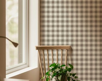 Garden Window Wallpaper in Soft Ash, Gray Plaid Peel and Stick Wallpaper, Farmhouse Check Wall Panels, Hand-Painted Design