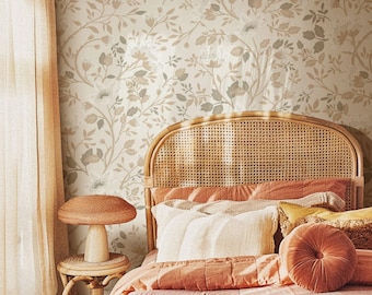 Camellia Study Wallpaper in Natural Linen, Cream Neutral Botanical Peel and Stick Wallpaper, Vintage Floral Vine Wall Panels, Hand-Painted