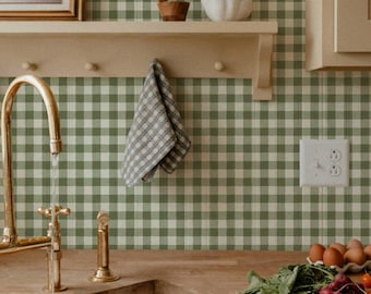 Garden Window Wallpaper in Pear Stem, Olive Green Plaid Peel and Stick Wallpaper, Farmhouse Check Wall Panels, Hand-Painted Design