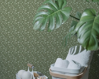 Wild Geranium Wallpaper in Rustic Olive, Botanical Peel and Stick Wallpaper, Olive Green Floral Wall Panels, Hand-Painted Design