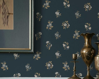 Ashthorn Wallpaper in Blue Note, Deep Navy Botanical Peel and Stick Wallpaper, Heritage Floral Wall Panels, Hand-Painted Design