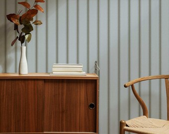 Moulding Line Wallpaper in Stone Blue, Gray Blue Stripe Peel and Stick Wallpaper, Heritage Stripe Wall Panels, Hand-Painted Design