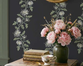 Chrysanthemum Trail Wallpaper in Midnight, Dark Botanical Peel and Stick Wallpaper, Climbing Floral Wall Panels, Hand-Painted Design