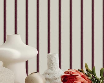 Moulding Line Wallpaper in Plum Red, Dark Red Stripe Peel and Stick Wallpaper, Heritage Stripe Wall Panels, Hand-Painted Design