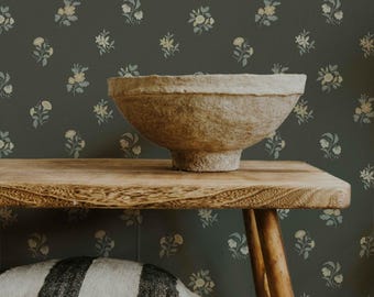 Ashthorn Wallpaper in Vintage Vogue, Olive Green Botanical Peel and Stick Wallpaper, Moody Floral Wall Panels, Hand-Painted Design