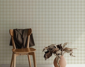 Garden Window Wallpaper in Ivory Seed, Cream Plaid Peel and Stick Wallpaper, Farmhouse Check Wall Panels, Hand-Painted Design