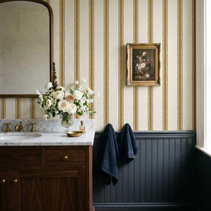 Moulding Line Wallpaper in Ochre Gold, Gold Stripe Peel and Stick Wallpaper, Heritage Stripe Wall Panels, Hand-Painted Design