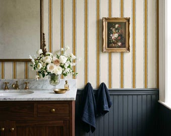 Moulding Line Wallpaper in Ochre Gold, Gold Stripe Peel and Stick Wallpaper, Heritage Stripe Wall Panels, Hand-Painted Design