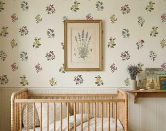 Ashthorn Wallpaper in Painted Ivory, Cream Multicolor Botanical Peel and Stick Wallpaper, Heritage Floral Wall Panels, Hand-Painted Design