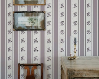 Glasshouse Stripe Wallpaper in Faded Mulberry, Plum Striped Peel and Stick Wallpaper, Victorian Floral Stripe Wall Panels, Hand-Painted