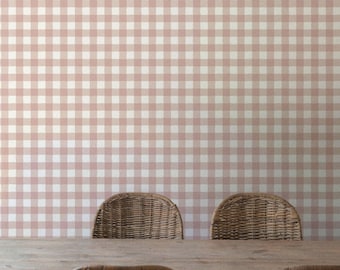 Garden Window Wallpaper in Rosette Blush, Dusty Pink Plaid Peel and Stick Wallpaper, Farmhouse Check Wall Panels, Hand-Painted Design