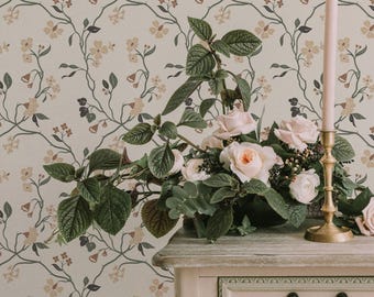 Botanical Peel and Stick Wallpaper, Lunaria Vine Soft Alabaster, Removable Floral Wallpaper, Hand-Painted Design