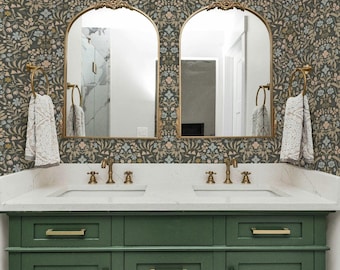 Roselyn Wallpaper in Essex Green, Moody Green Botanical Peel and Stick Wallpaper, Mirrored Floral Wall Panels, Hand-Painted Design