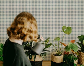 Garden Window Wallpaper in Misted Indigo, Blue Plaid Peel and Stick Wallpaper, Farmhouse Check Wall Panels, Hand-Painted Design