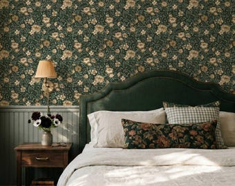Annabelle Wallpaper in Woodland Green, Botanical Peel and Stick Wallpaper, Dark Green Floral Wall Panels, Hand-Painted Design