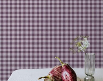 Garden Window Wallpaper in Wild Fig, Plum Plaid Peel and Stick Wallpaper, Farmhouse Check Wall Panels, Hand-Painted Design